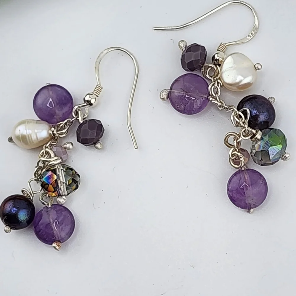AMETHYST, PEARL & CRYSTALS CHANDELIER EARRINGS HANDMADE RECYCLE STERLING SILVER - Picture 1 of 6